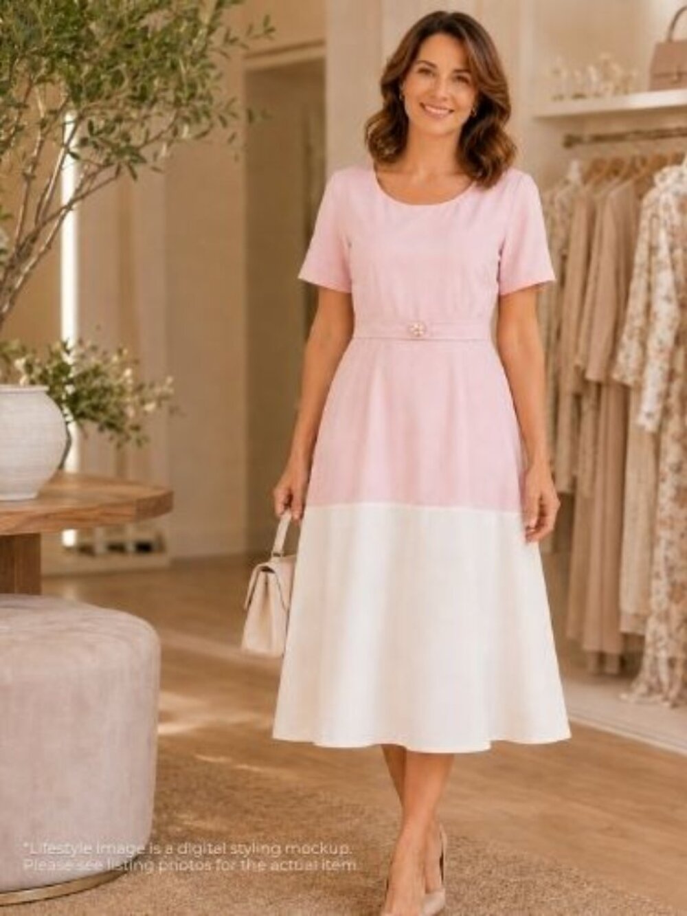 GownTown Pink Ivory Colorblock Fit & Flare Midi Dress Pearl Detail Size L